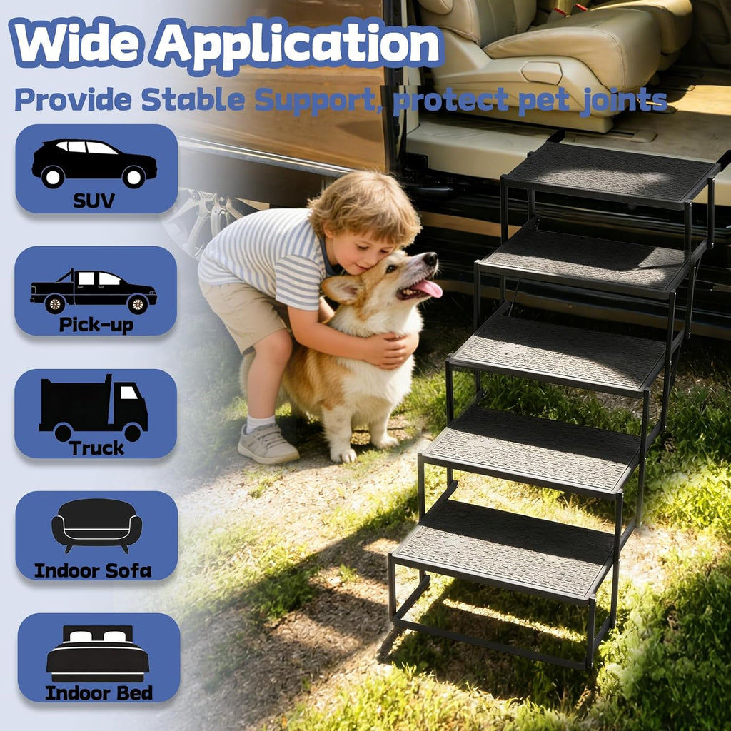 Dog Steps for Car, Truck, SUV, Dog Stairs for Car with Upgraded Non-Slip Surface, Foldable Dog Ramp for Car, Pet Stairs for Large Dogs, 5 Steps