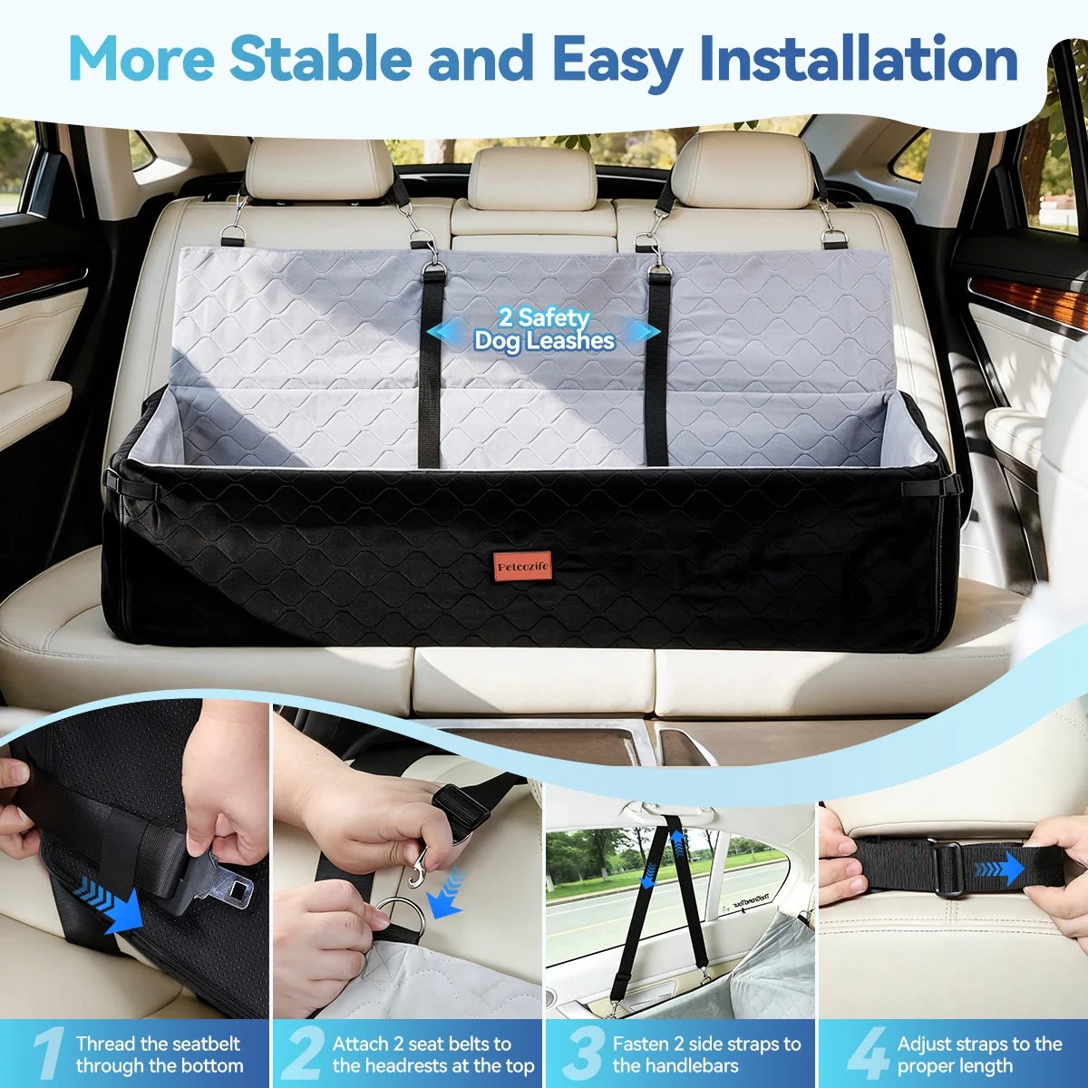 Extra Large Dog Car Seat, Dog Bed for Large Dogs up to 120Lbs, Multi-Functional Dog Booster Seat with Thick Cushion & Safety Leashes, Detachable & Washable Pet Travel Safety Carrier