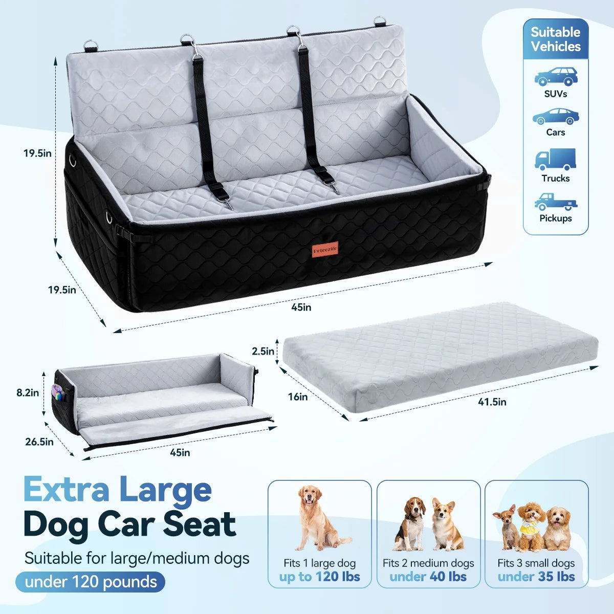 Extra Large Dog Car Seat, Dog Bed for Large Dogs up to 120Lbs, Multi-Functional Dog Booster Seat with Thick Cushion & Safety Leashes, Detachable & Washable Pet Travel Safety Carrier