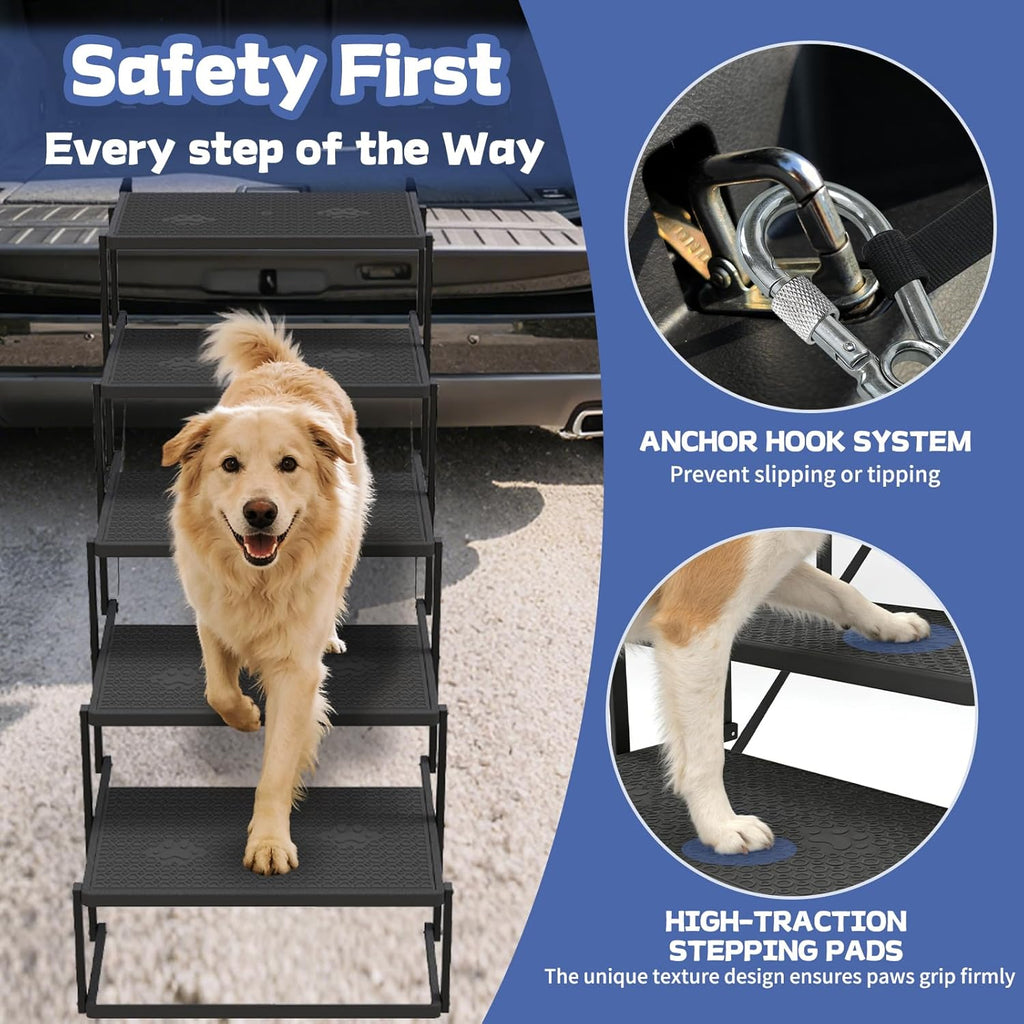 Dog Steps for Car, Truck, SUV, Dog Stairs for Car with Upgraded Non-Slip Surface, Foldable Dog Ramp for Car, Pet Stairs for Large Dogs, 5 Steps