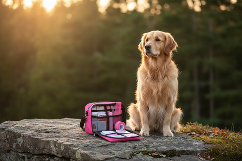 Pet first aid kit in golden hour outdoor setting with forest background and golden retriever