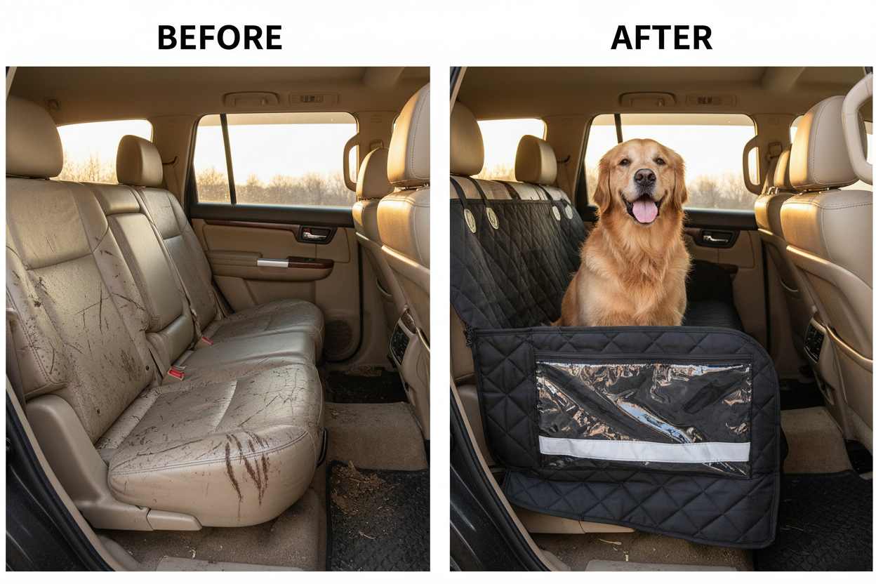 Before and after showing muddy SUV seat vs clean seat protected by black quilted dog car seat extender