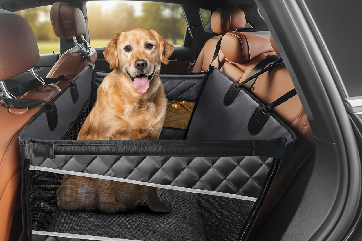Black quilted dog car seat back seat extender with golden retriever in SUV
